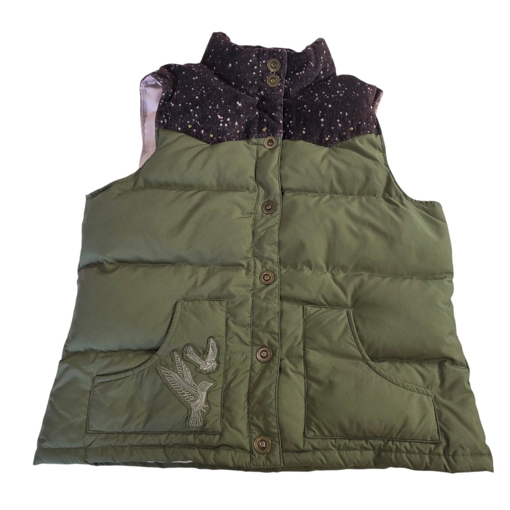 Old Navy Puffer Vest Womens L Green Burgundy Embroidery Birds Winter Outdoors